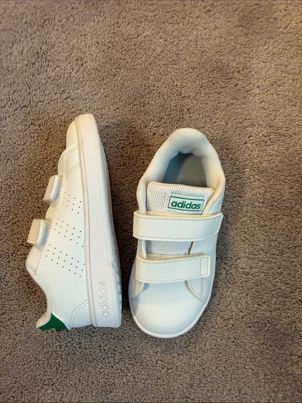 adidas Kids White Sneakers with Green Accents - Double Velcro